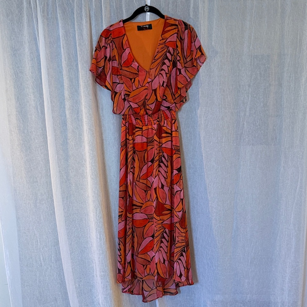 DKNY Pink and Orange Leaf Print Maxi Dress